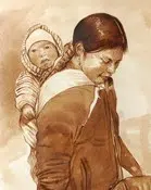 A mother and a child walking somewhere, this artwork was drawn on cotton fiber paper