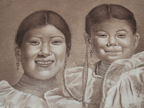 Two sisters sitting next to each other, this was drawn on cotton fiber paper