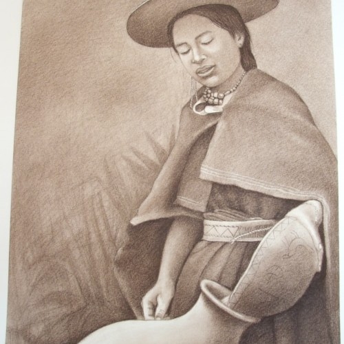 A women refilling her water container, this was drawn on cotton fiber paper