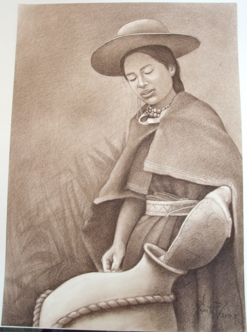 A women refilling her water container, this was drawn on cotton fiber paper