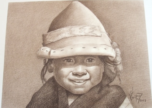 A young girl trying on a bunch of different hats, this artwork was drawn on cotton fiber paper