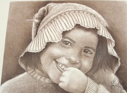 A young child bitting there nail, was drawn on cotton fiber paper