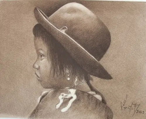 A young person dressed up, these pieces of artwork are drawn on cotton fiber paper