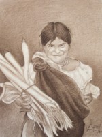 A young person carrying a bunch of stuff, this was drawn on cotton fiber paper
