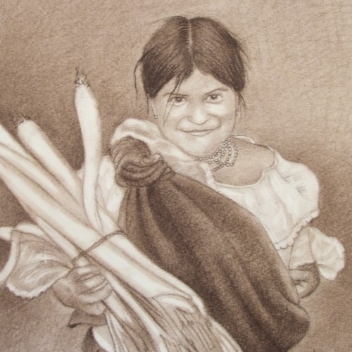 A young person carrying a bunch of stuff, this was drawn on cotton fiber paper