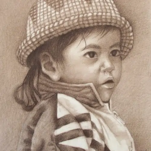 A young child looking at something, this piece of artwork has been drawn on cotton fiber paper