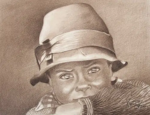 A kid looking like they are about to cry, this was drawn on cotton fiber paper
