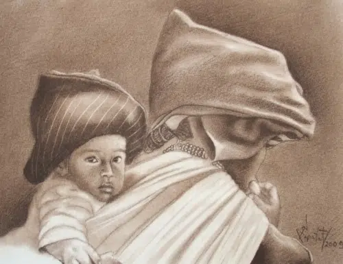 A kid stays close to his father, this piece was drawn on cotton fiber paper