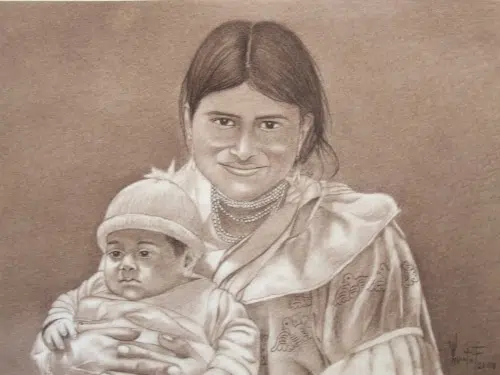 A picture of a mom and her son, the picture was drawn on cotton fiber paper