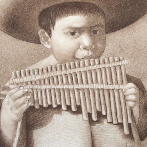 A picture of a kid playing the pan flute, this picture was made on cotton fiber paper