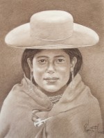 A young person wearing a hat looking at something, this artwork was drawn on cotton fiber paper