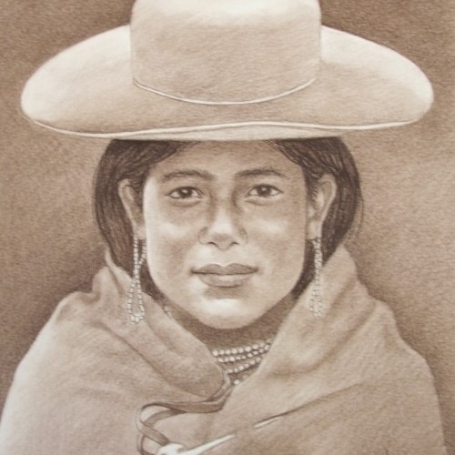 A young person wearing a hat looking at something, this artwork was drawn on cotton fiber paper