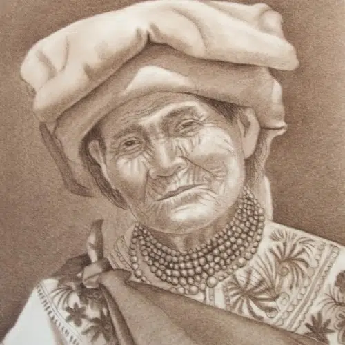 An old women looking at something, this artwork was drawn on cotton fiber paper