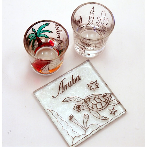 A sample glass set, comes with two glass and a coster all made of glass.