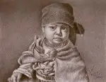 A young kid all wrapped up, this artwork was drawn on cotton fiber paper