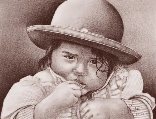 A child looking like it is going to cry, this was drawn on cotton fiber paper