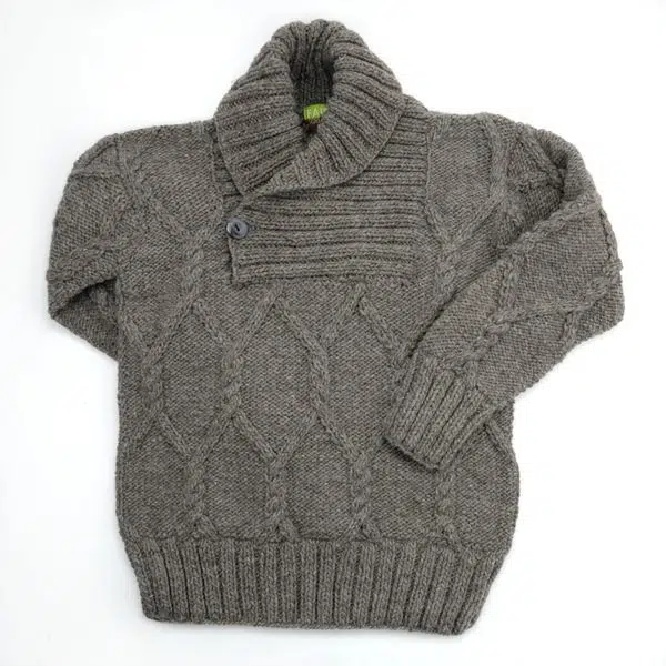 A close up picture of the cowl neck wool sweater in the charcoal color