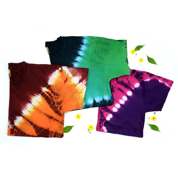 A bundle of three tie dyed t shirt, the colors that are shown here are, orange and red, green and dark blue, purple and pink