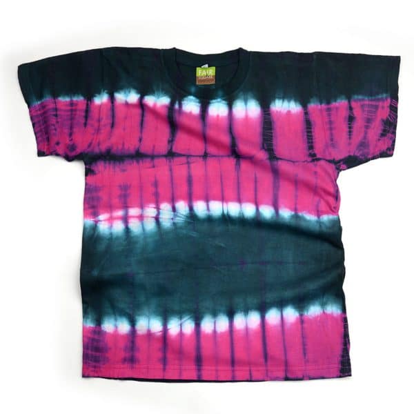 A tie dyed t shirt, that comes in the color of, dark blue and pink