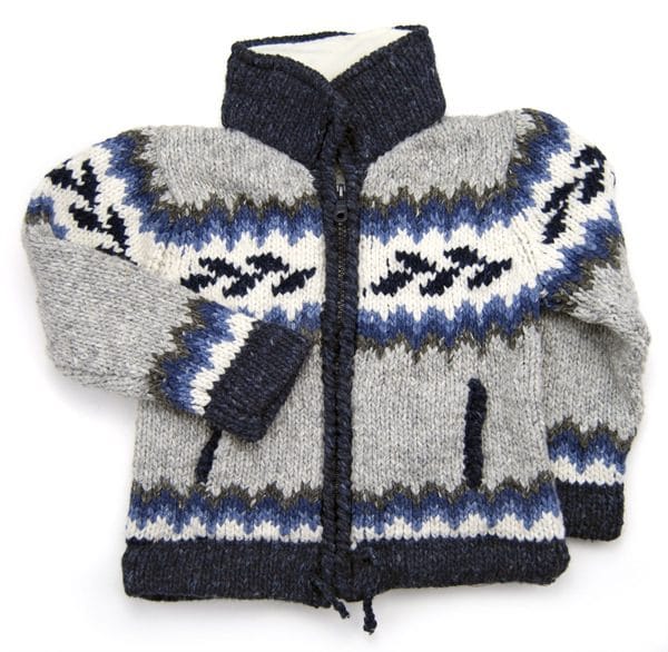 The kids circular sweater, the color of this sweater is, grey, blue, and white