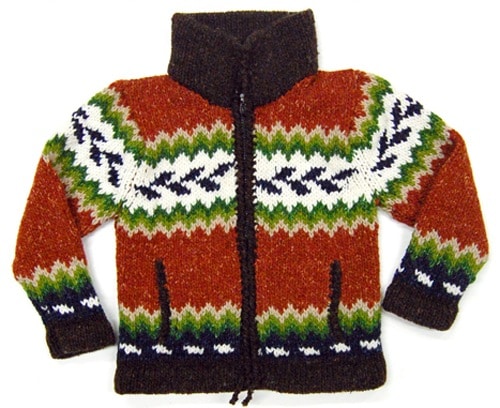A nice zipper circular sweater, comes in two different colors and sizes, the sizes are 4 and 6, and the colors are brown white and green, and the other color is, blue, grey, and white