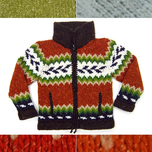 A nice zipper circular sweater, comes in two different colors and sizes, the sizes are 4 and 6, and the colors are brown white and green, and the other color is, blue, grey, and white