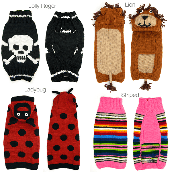 A bundle of four dog sweaters, this bundle has, jolly roger, lion. ladybug, and striped