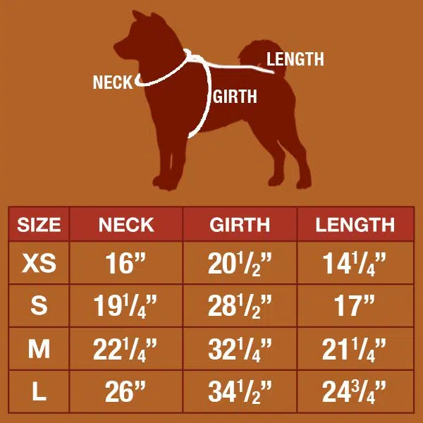 A graph showing what size your dog needs for our sweaters