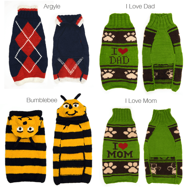 A bundle of four dog sweaters, this bundle has, argyle, I love dad, bumblebee, I love mom