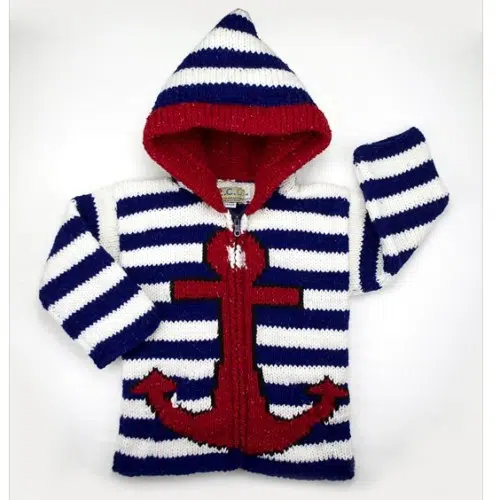 A sweater with a big anchor on the front and looks like a sailor outfit, comes in multiple styles and was made out of cotton and wool blend