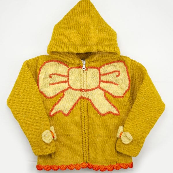 A yellow and bright yellow sweater with a big bow in the middle and two small bows on the sides