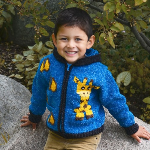 A young kid wearing a giraffe in a pocket sweater