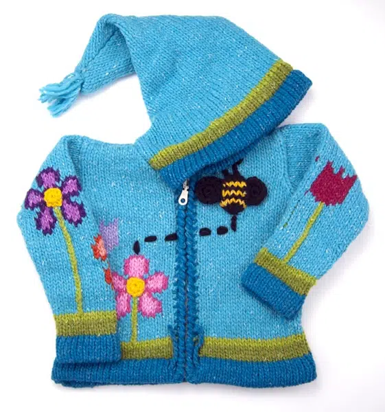 a hand made sweater with a three- dimensional bee, flying around, can zip-up, comes in more than one color, this color is blue