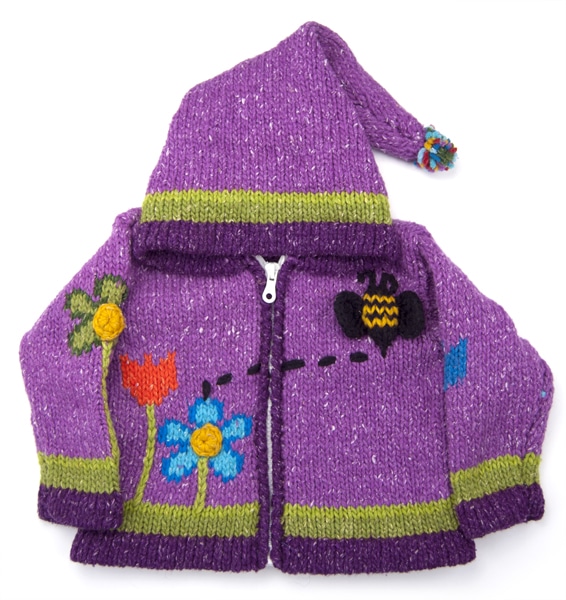 a hand made sweater with a three- dimensional bee, flying around, can zip-up, comes in more than one color, this color is purple