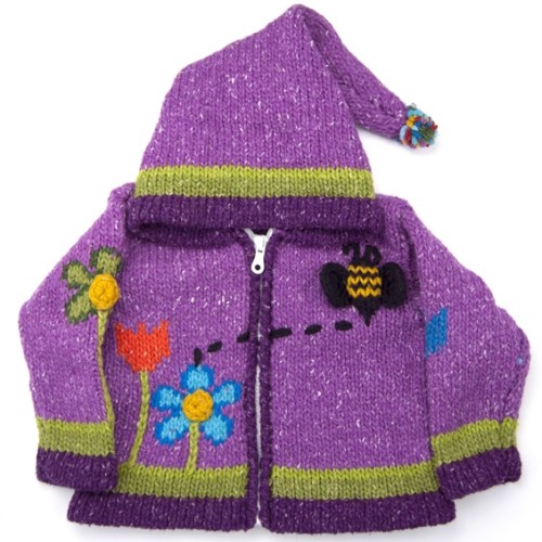 a hand made sweater with a three- dimensional bee, flying around, can zip-up, comes in more than one color, this color is purple