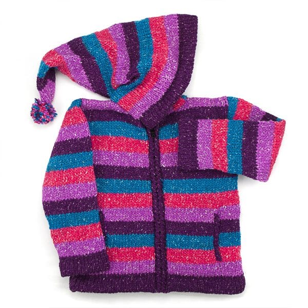 the colors that the kids striped sweater come in are dark purple, purple, pink, and blue.
