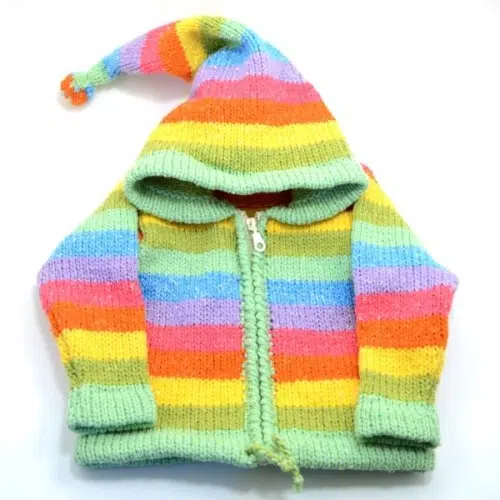 this brightly colored sweater comes in sizes of 0, 2, 4, and 6, comes with a zip closure
