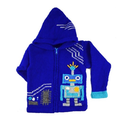 The robot sweater, in a bright blue, with a circuit board patterns