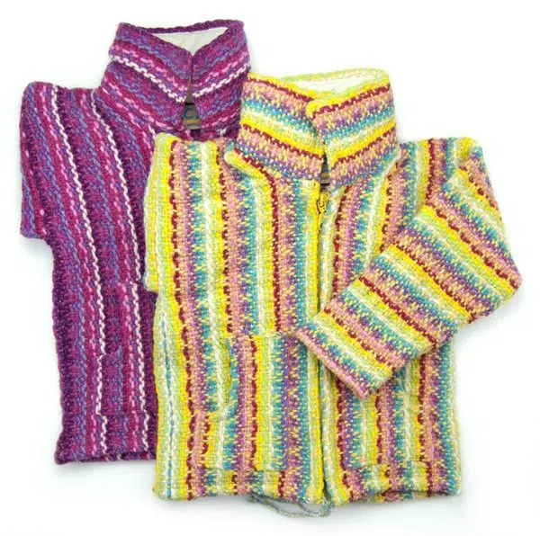 Two waffle weave sweaters that comes in different colors, these two are purple and pink, and the second sweater colors are, Yellow, white, red, blue