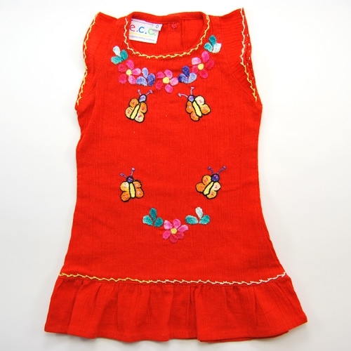 Red line dress with hand embroidered details, with a single button closer at the neck