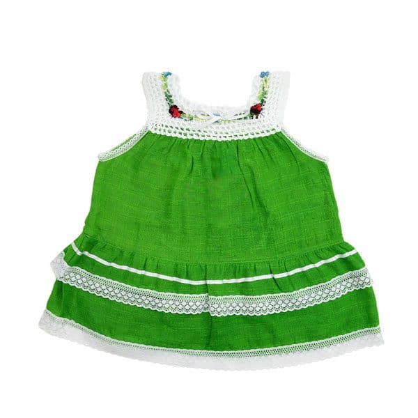 Colorful crocheted flower details at neck of Green Strap Sleeves Gauze Dress
