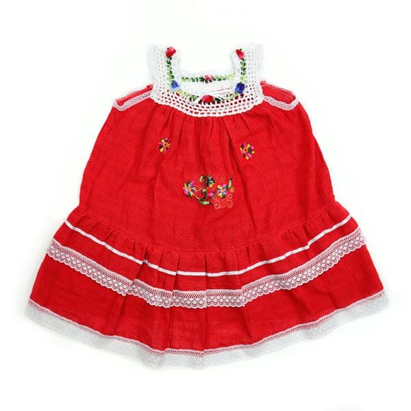 Colorful crocheted flower details at neck of Red Strap Sleeves Gauze Dress, with embroidered detail accents at front.