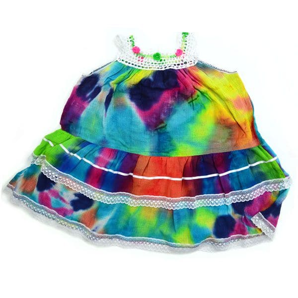 Colorful crocheted flower details at neck of Tie Dye Strap Sleeves Gauze Dress