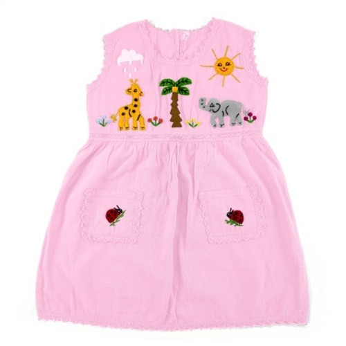A pink dress with some designs applied onto it, the dress is 100% cotton