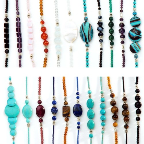 A large verity of bracelets that have been made from beads from India, comes in colors of, turquoise, mother of pearl, tigers eye, quartz, crystal, sodalite, and clay.