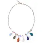A picture of the multi teardrop stone necklace showing the different verity of semi precious stones.