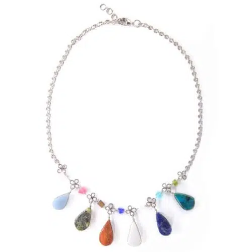 A picture of the multi teardrop stone necklace showing the different verity of semi precious stones.
