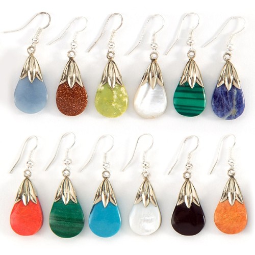 A picture of a large verity of polished stone earrings, the colors in this picture are, blue, brown, yellow, white, green, dark blue, red, turquoise, black, and orange.