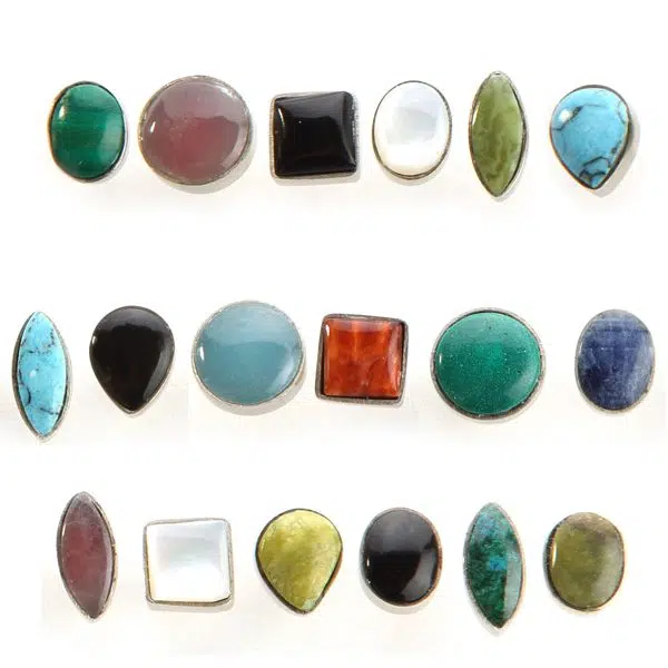 A picture of all the different colors and styles that the fiori stud earrings, these earrings all have semi precious stones on them.