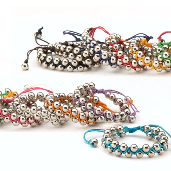 A picture of all the different colors that the bibi bracelet, they come in, black, brown, purple, red, yellow, green, pink, white, orange, purple, and turquoise.